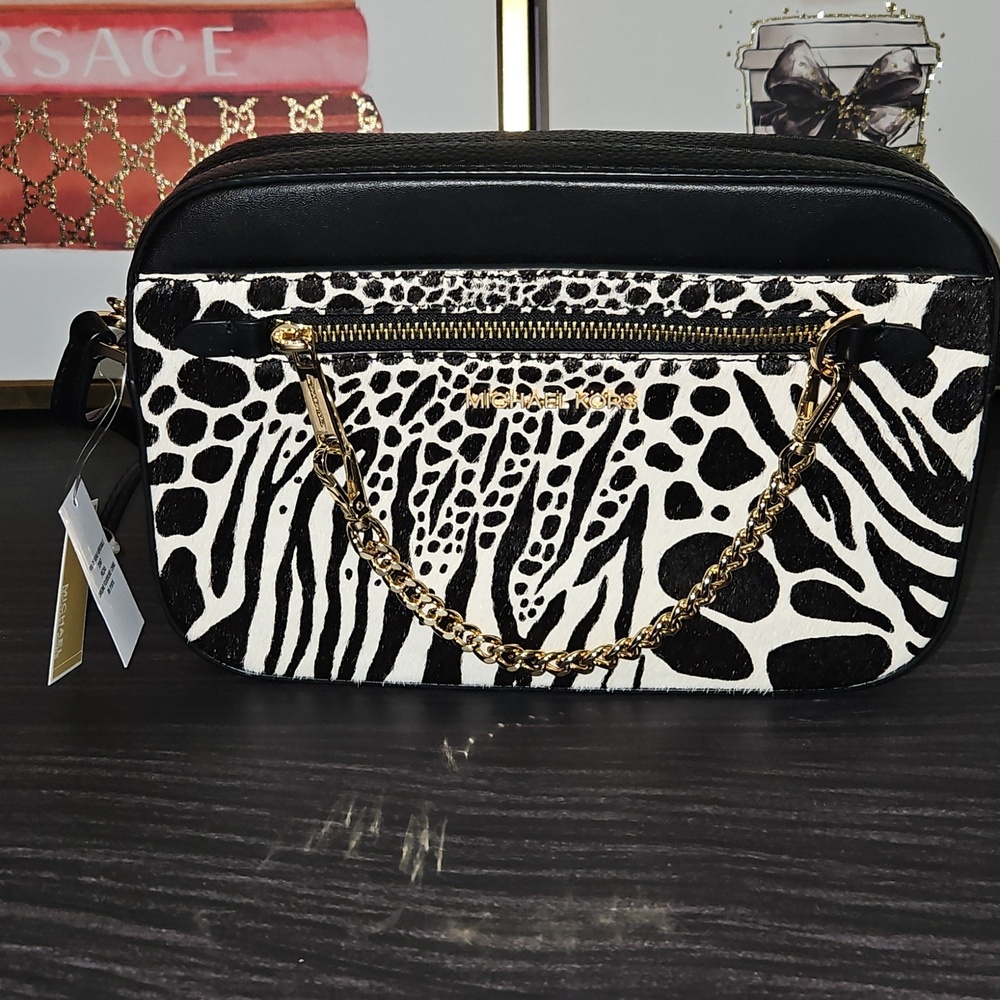 Michael Kors Black and White Zebra Print Crossbody Bag with Gold Chain - Picture 2 of 14